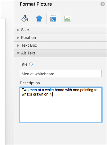Screenshot of the Format Picture pane with the Alt Text boxes describing the selected image